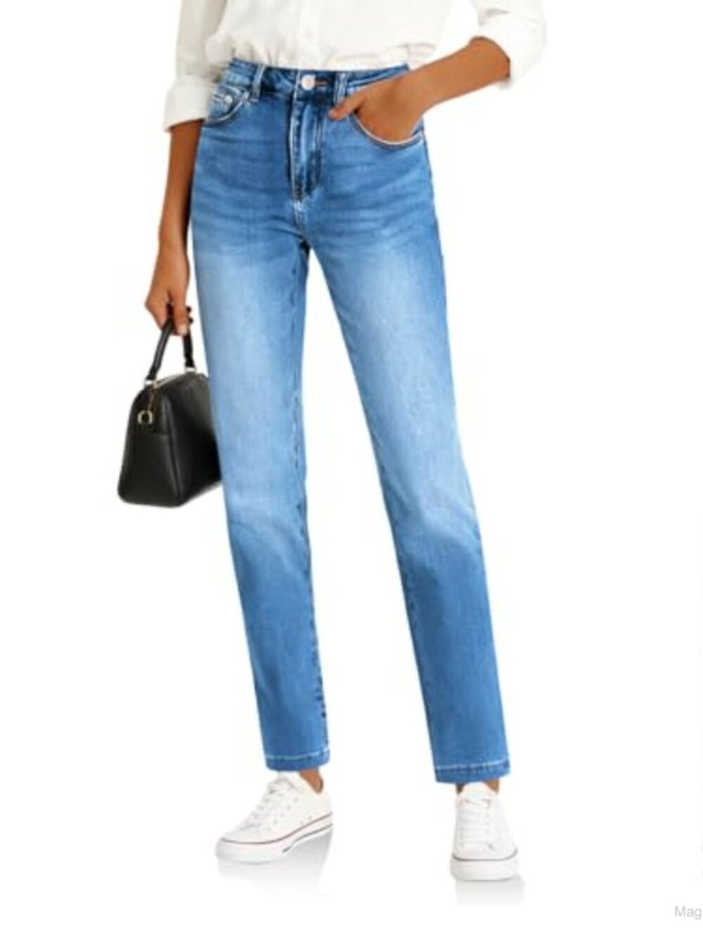 High Waisted Straight Leg Stretchy Denim Jeans Cotton Blend Tapered Petite